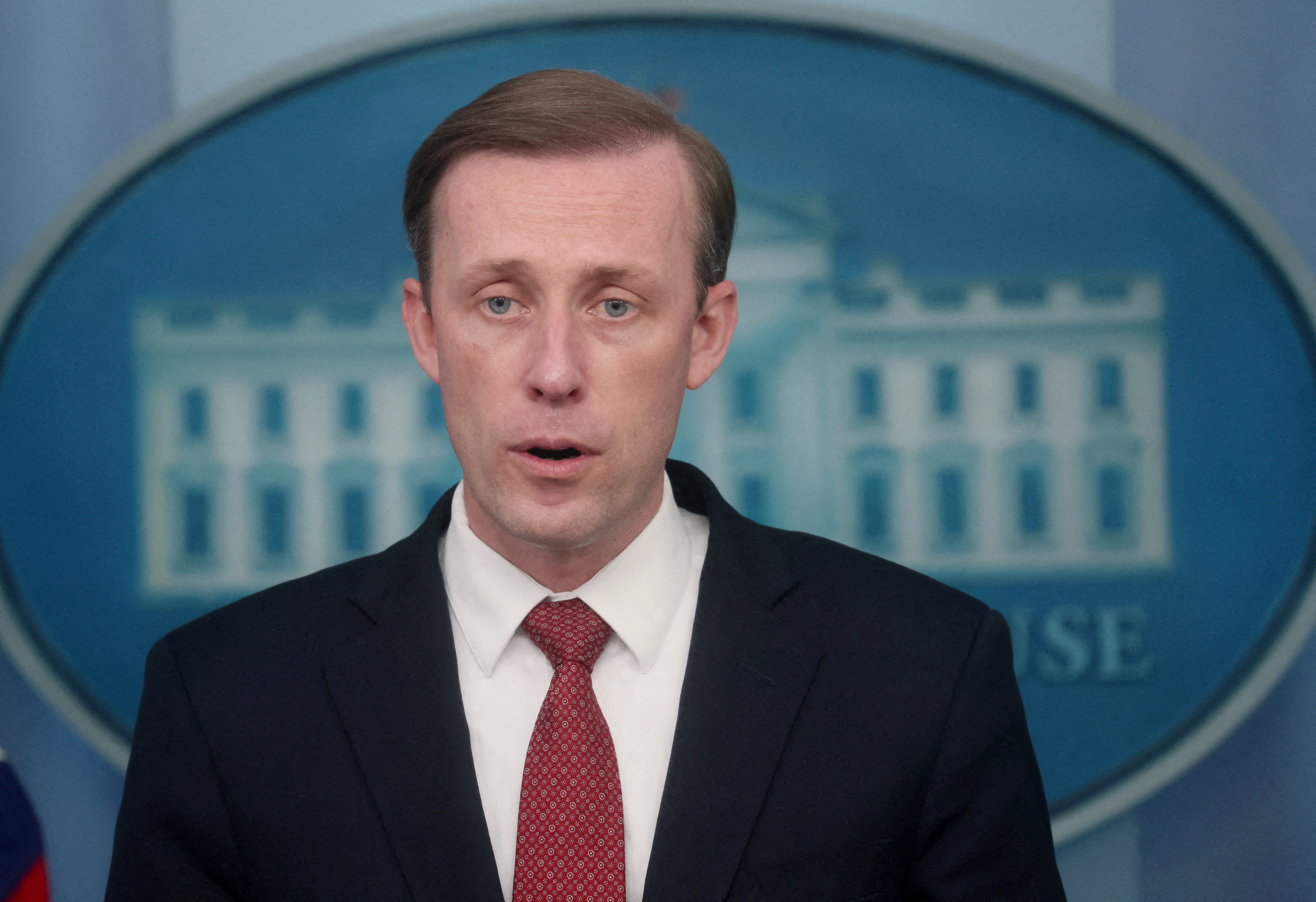 Il consigliere per la sicurezza nazionale della Casa Bianca Jake Sullivan parla ai media della situazione in Ucraina durante un briefing quotidiano alla Casa Bianca a Washington.