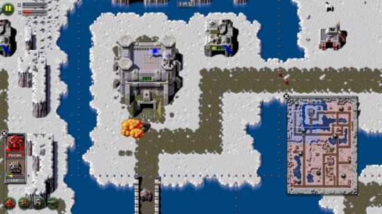 Z (gioco RTS) - Screenshot delle unità rosse che attaccano il forte blu in questo gioco di strategia in tempo reale del 1996 dei Bitmap Brothers.