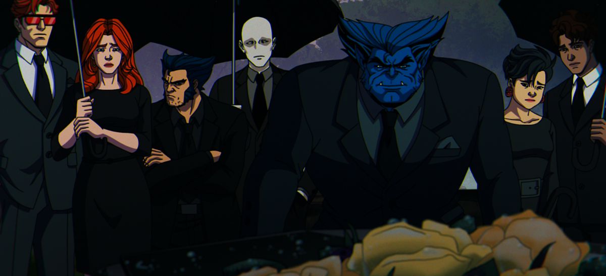 Gli X-Men stanno in abiti funebri davanti a una bara in X-Men '97